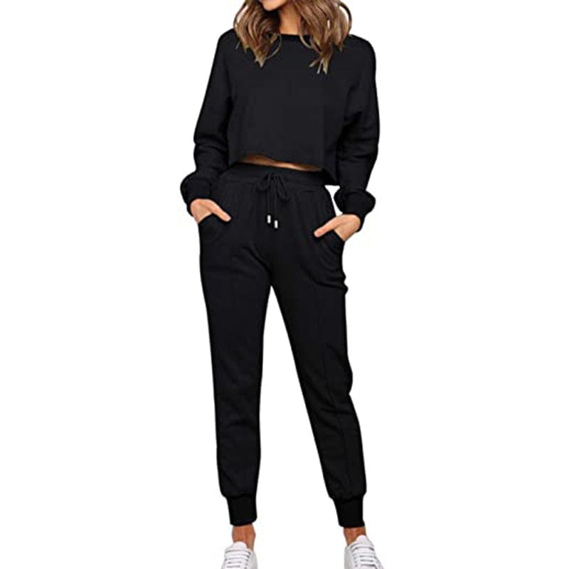 New Women's Fashion Solid Color Long-Sleeved Casual Sweatpants Two-Piece Sets