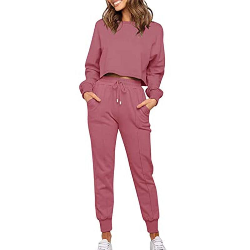 New Women's Fashion Solid Color Long-Sleeved Casual Sweatpants Two-Piece Sets