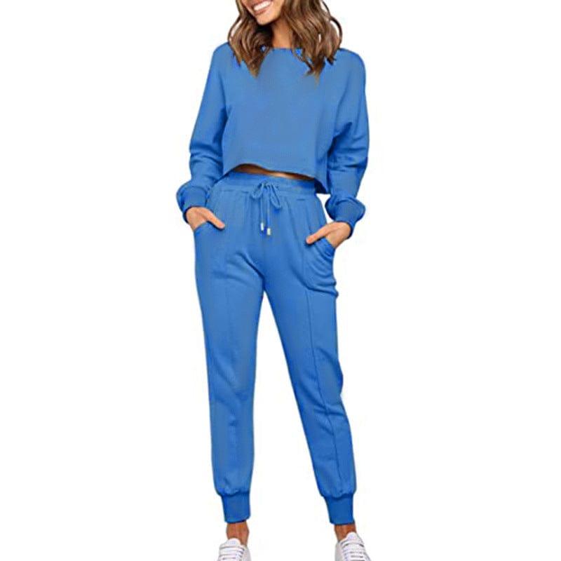 New Women's Fashion Solid Color Long-Sleeved Casual Sweatpants Two-Piece Sets
