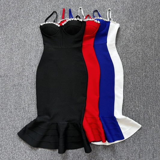 New Women's Halter v-Neck Bandage Fishtail Dress with Diamonds Club Party Dress