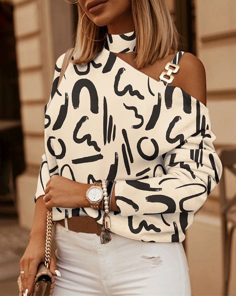 New Women's long sleeve off shoulder chain print women tops casual T-shirt