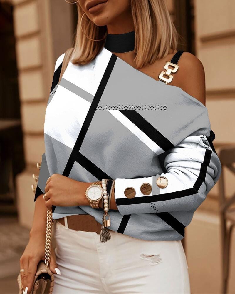 New Women's long sleeve off shoulder chain print women tops casual T-shirt