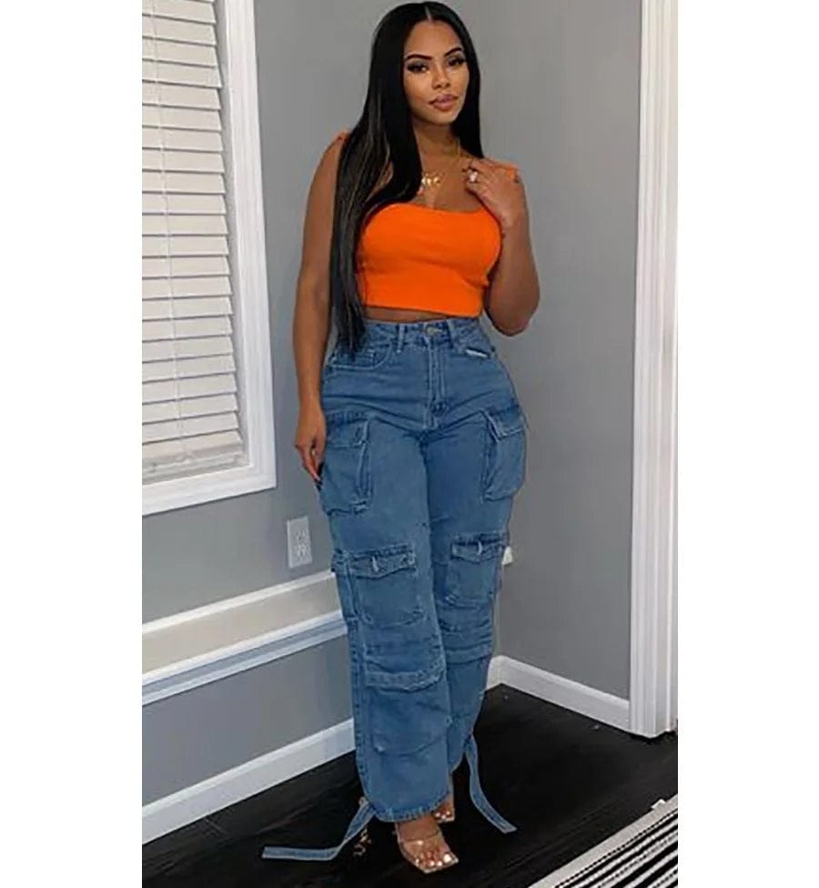New Women's Loose Hip Hop High-waisted Multi-pocket Washed Casual Cargo Jean Pants