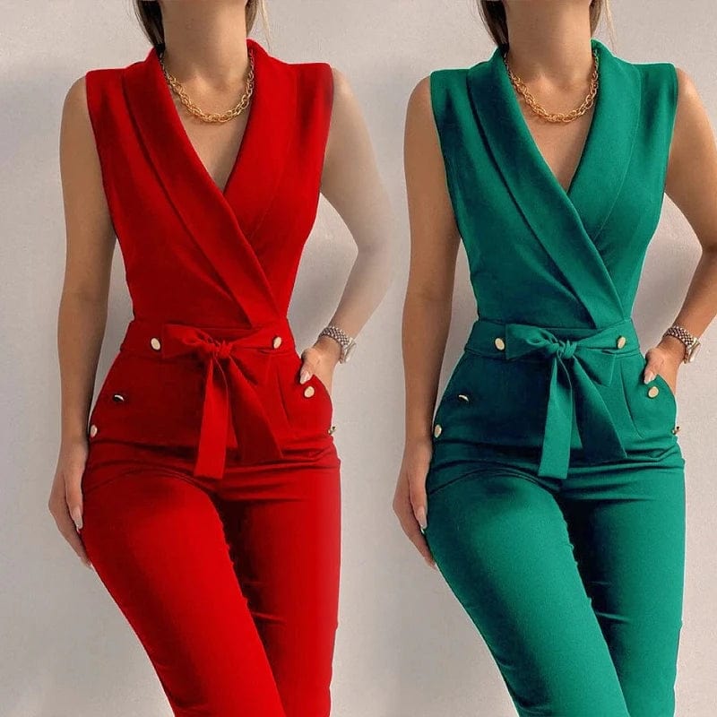 New women's office workwear ins business style solid V neck ladies strappy sleeveless romsuit women jumpsuits