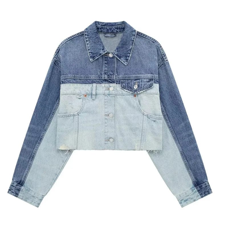 New women's patchwork denim jacket Coat Vintage Long Sleeves Button Up Short Outerwear Stylish Tops
