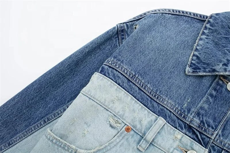 New women's patchwork denim jacket Coat Vintage Long Sleeves Button Up Short Outerwear Stylish Tops