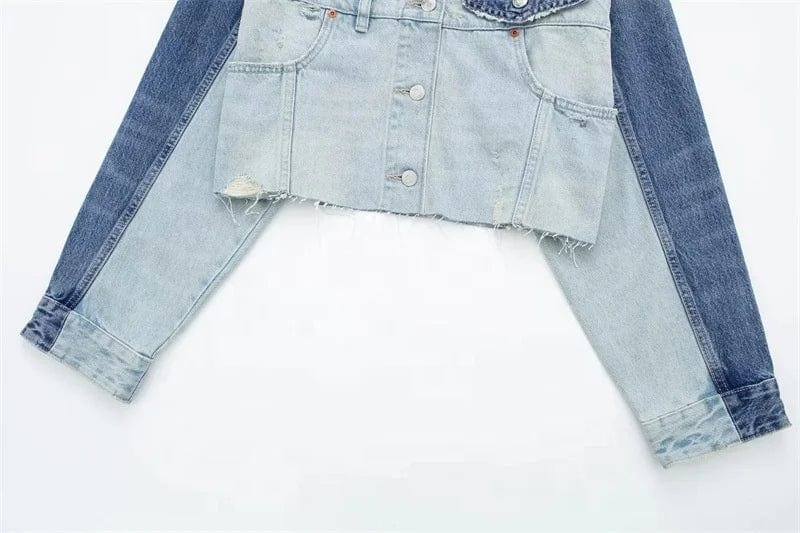 New women's patchwork denim jacket Coat Vintage Long Sleeves Button Up Short Outerwear Stylish Tops