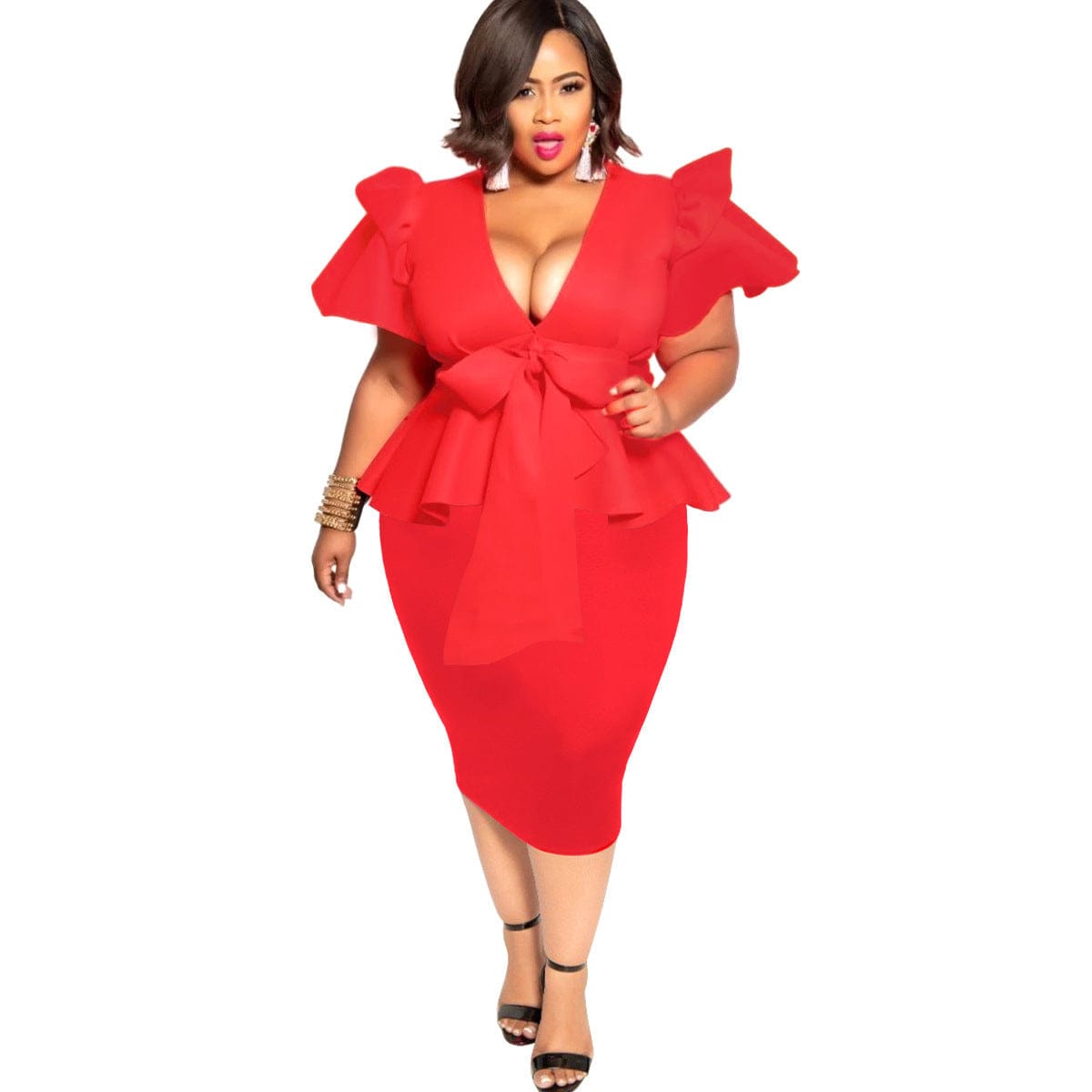 New Women's Plus Size Dress Fashion Bow Short Sleeve Office Dress