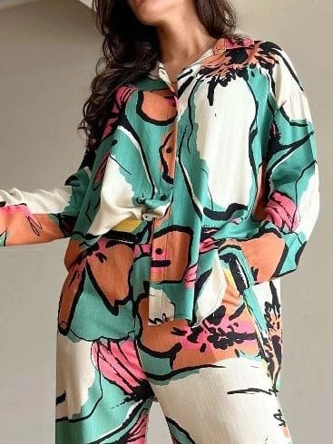 New women's spring oversized printed lapel single breasted shirt high waist wide leg pants set