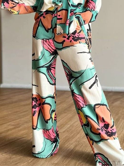 New women's spring oversized printed lapel single breasted shirt high waist wide leg pants set