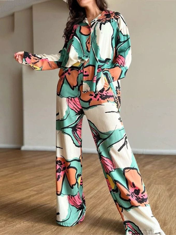 New women's spring oversized printed lapel single breasted shirt high waist wide leg pants set