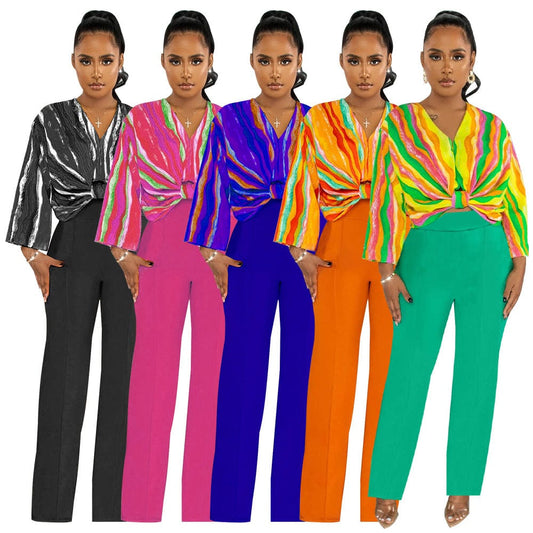 New women's suit V-neck printed top solid color straight trouser suit summer