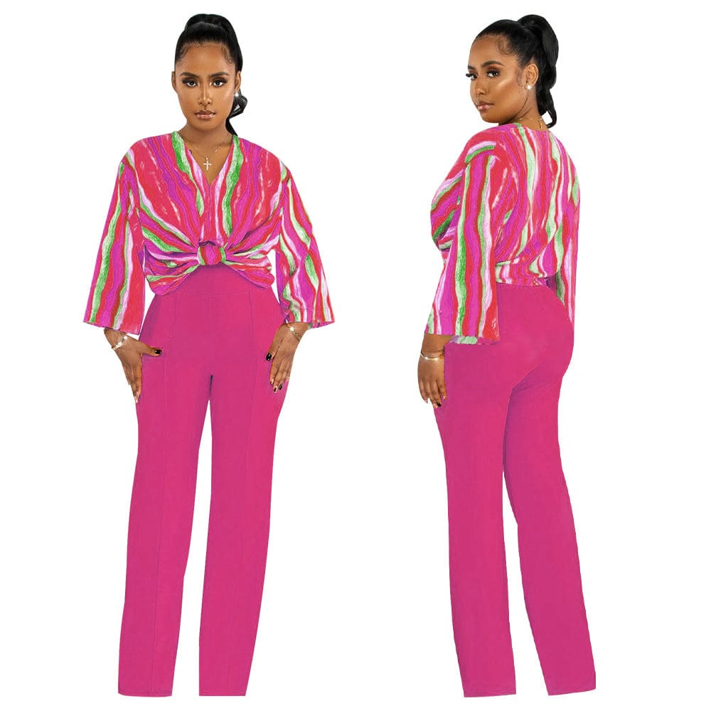 New women's suit V-neck printed top solid color straight trouser suit summer