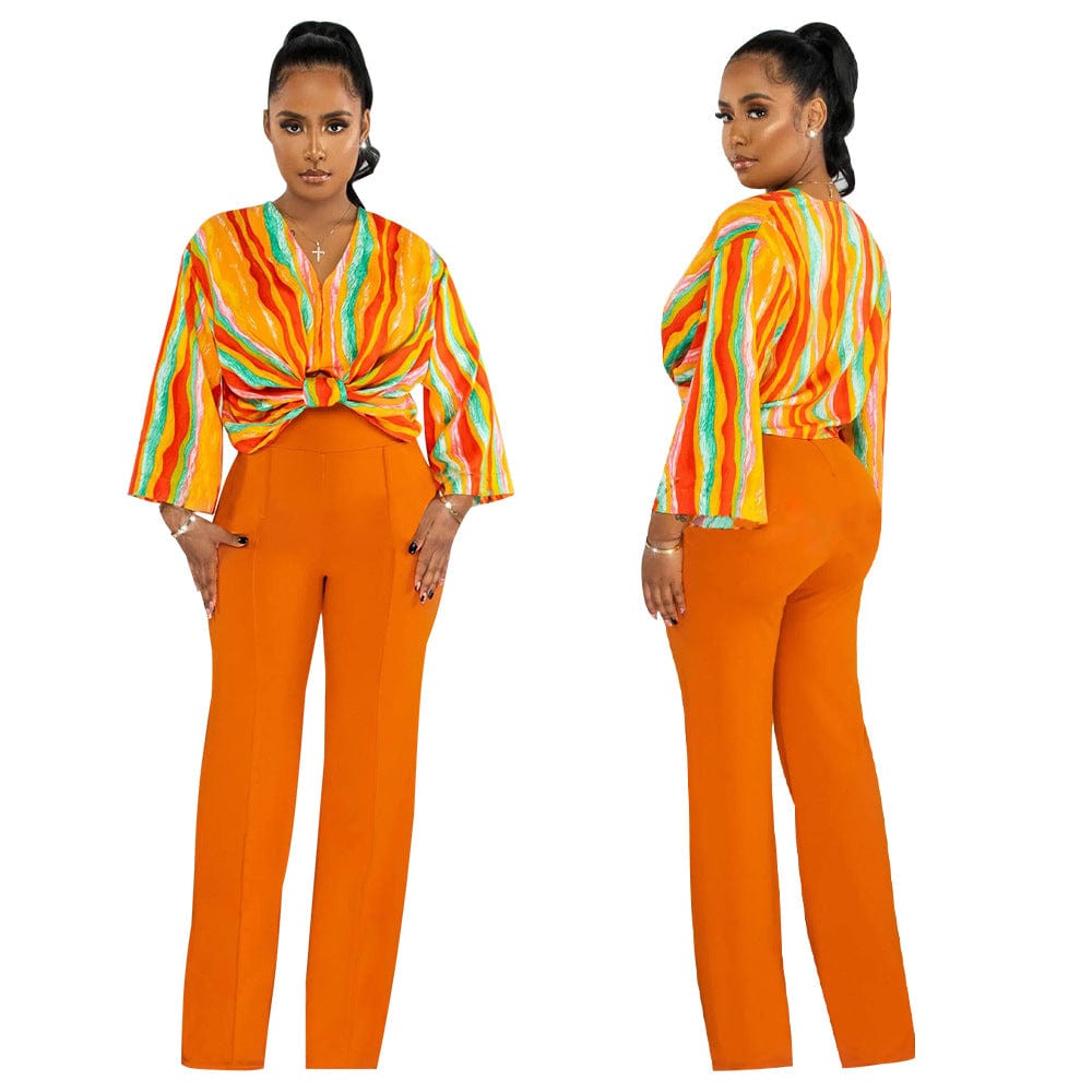 New women's suit V-neck printed top solid color straight trouser suit summer