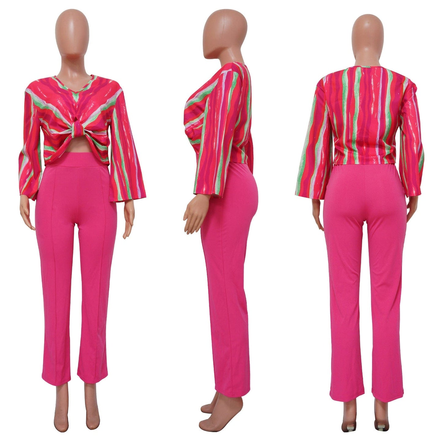 New women's suit V-neck printed top solid color straight trouser suit summer