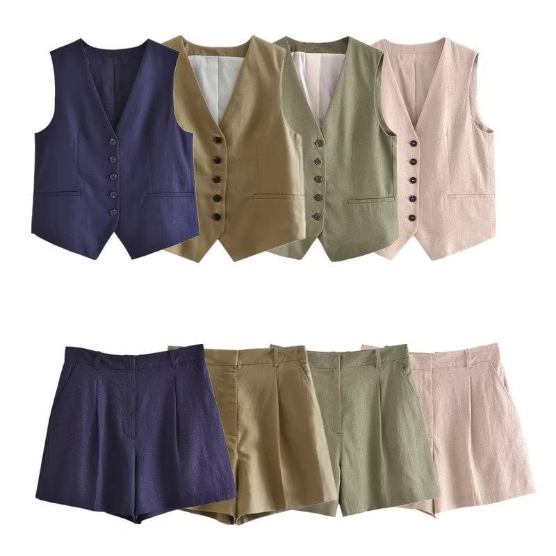 New Women'S V-Neck Single-Breasted Sleeveless Vest Top Pleated Casual Shorts Set