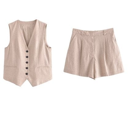 New Women'S V-Neck Single-Breasted Sleeveless Vest Top Pleated Casual Shorts Set