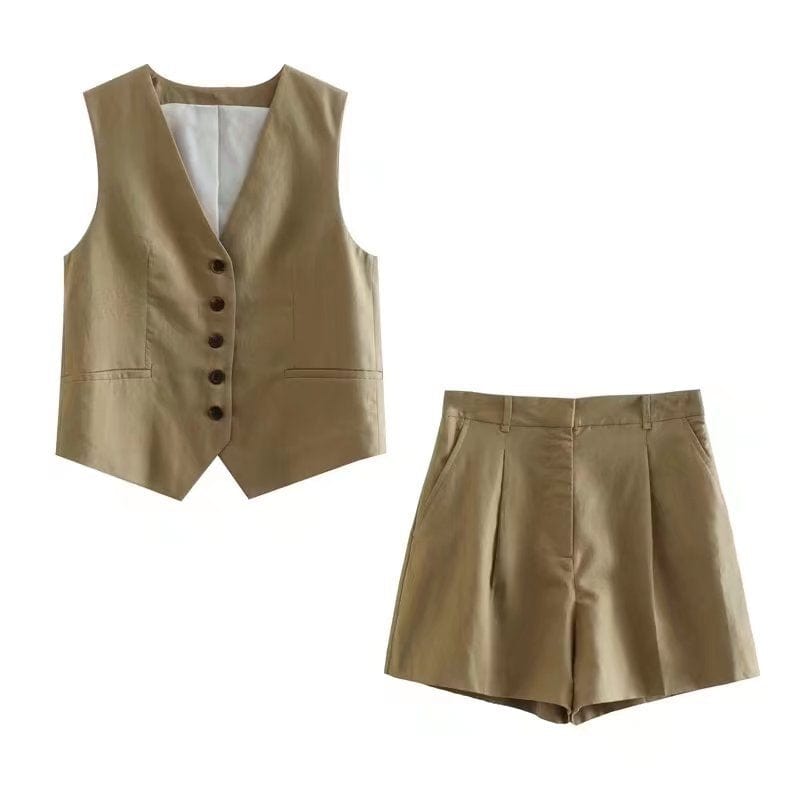 New Women'S V-Neck Single-Breasted Sleeveless Vest Top Pleated Casual Shorts Set