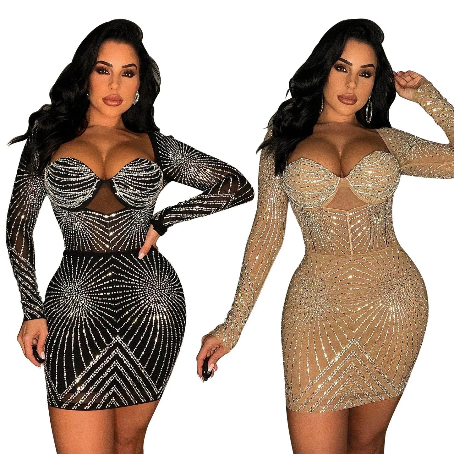 New Women Sparking Party Dress Luxury Rhinestones Mesh Patchwork Vestidos Lady Sexy Night Club Mini Dress