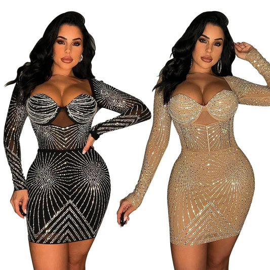 New Women Sparking Party Dress Luxury Rhinestones Mesh Patchwork Vestidos Lady Sexy Night Club Mini Dress
