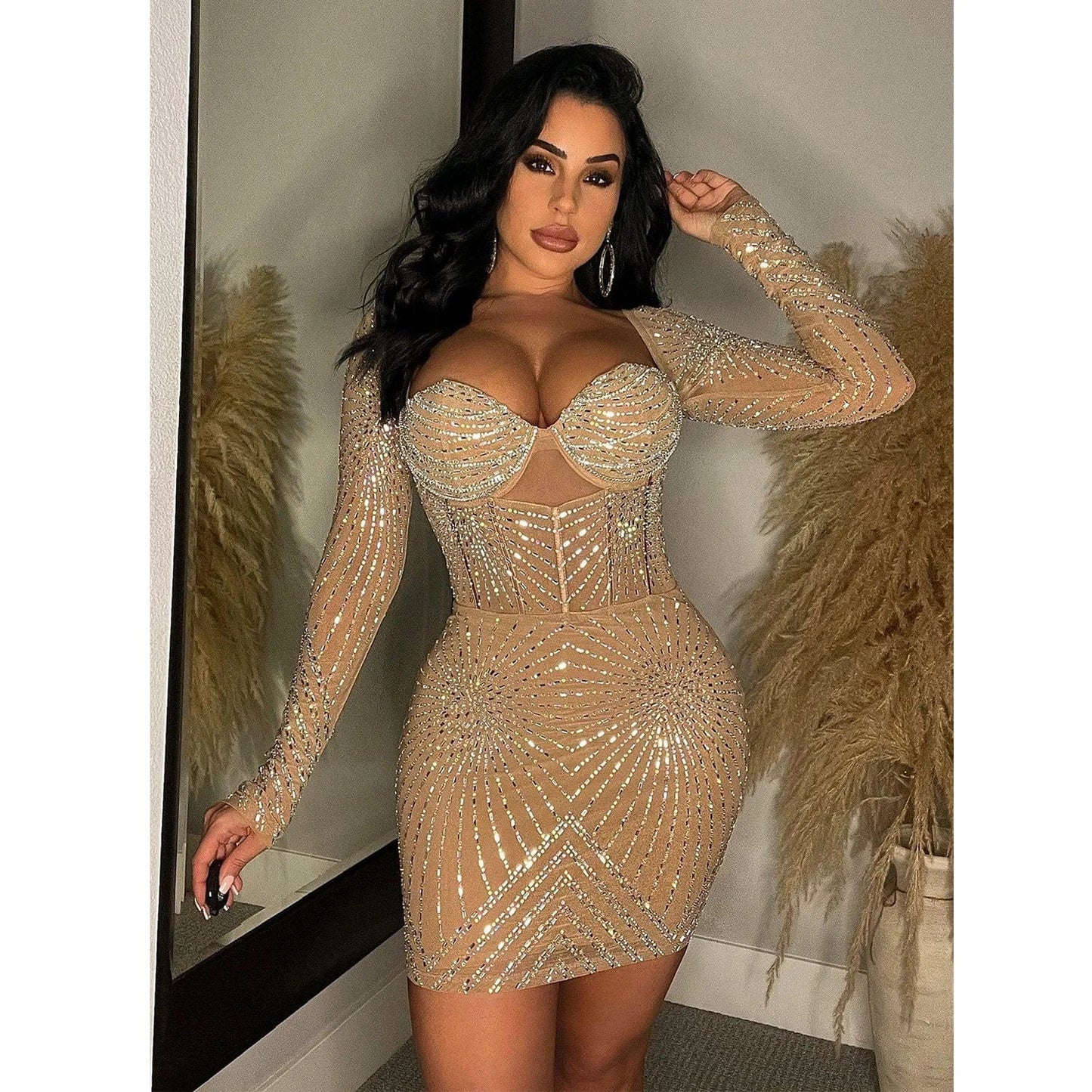New Women Sparking Party Dress Luxury Rhinestones Mesh Patchwork Vestidos Lady Sexy Night Club Mini Dress