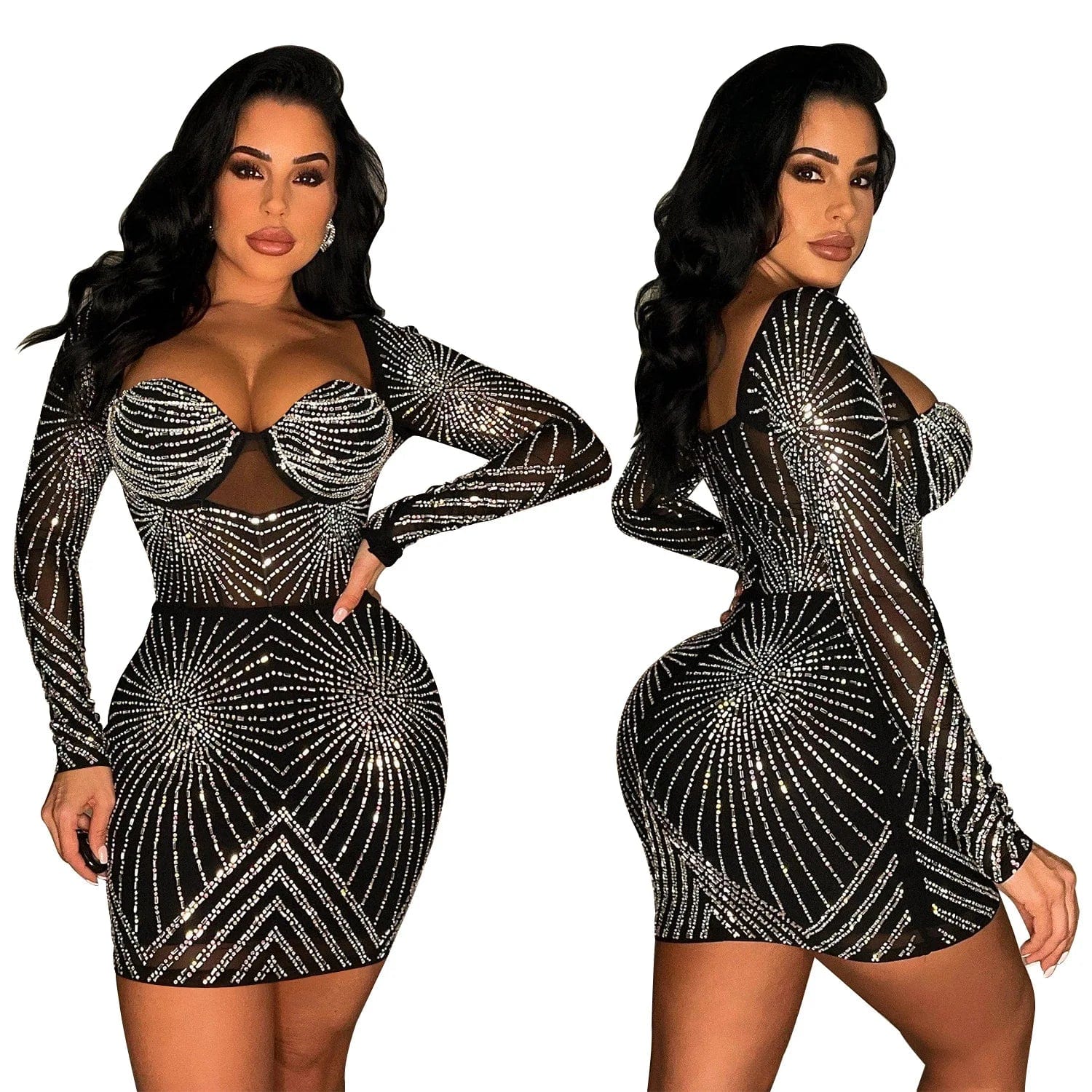 New Women Sparking Party Dress Luxury Rhinestones Mesh Patchwork Vestidos Lady Sexy Night Club Mini Dress
