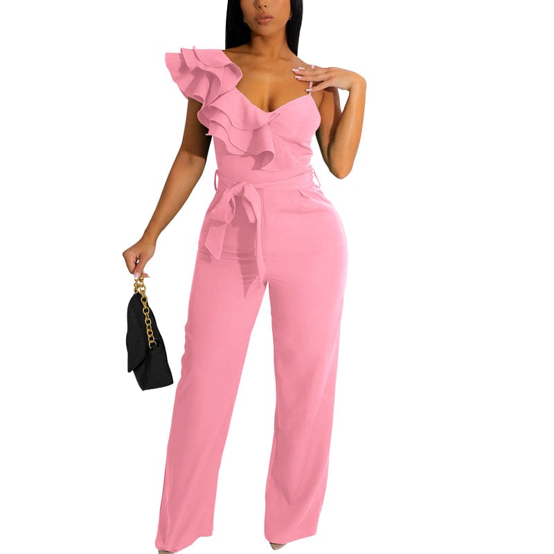 New womens clothing fashion ruffled edge one shoulder sleeveless waist tucked deep V loose ladies solid color one piece jumpsuit