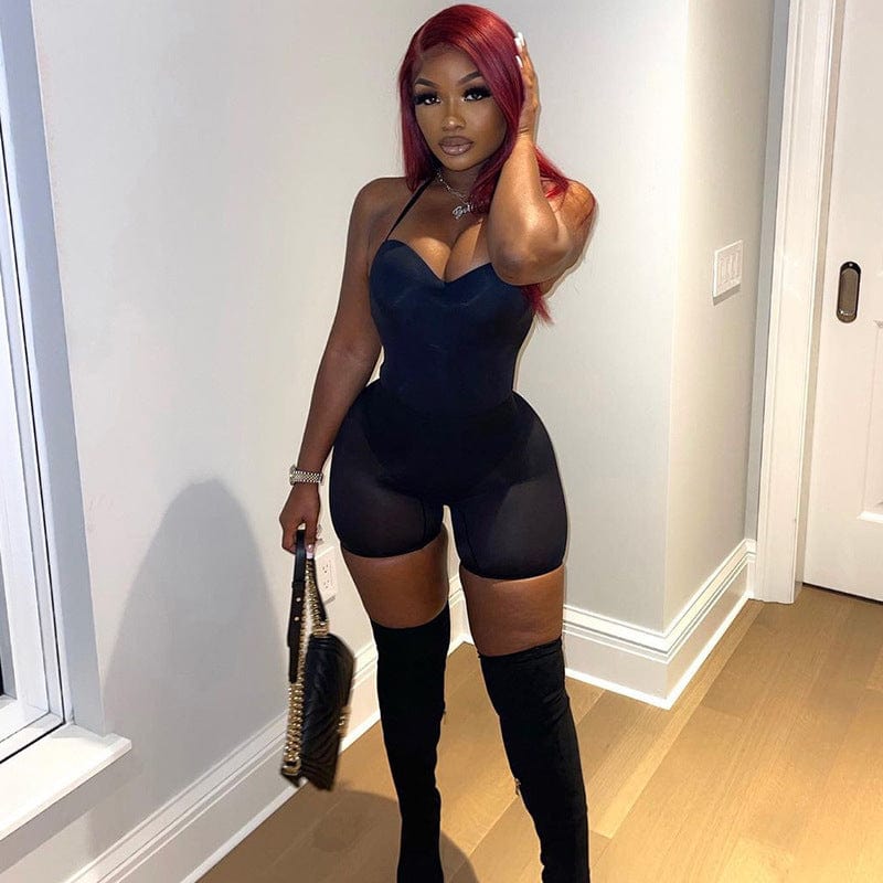 New Womens Summer Clothing Solid Color Sexy Bodysuit Top Halter Mesh Casual  Two Piece Shorts Set