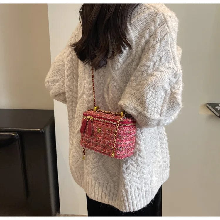 New Woolen Tweed Shoulder Bags for Women Camellia Fashion Chain Crossbody Bags Trend Handbags Phone Bag Top Handle Bucket Totes
