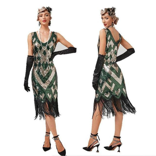 New Year 2023 Vintage 1920s Party Dress Great Gatsby Sequin Big V-Neck Flapper Costume Woman Tassel Dress Women Sexy Summer Suit
