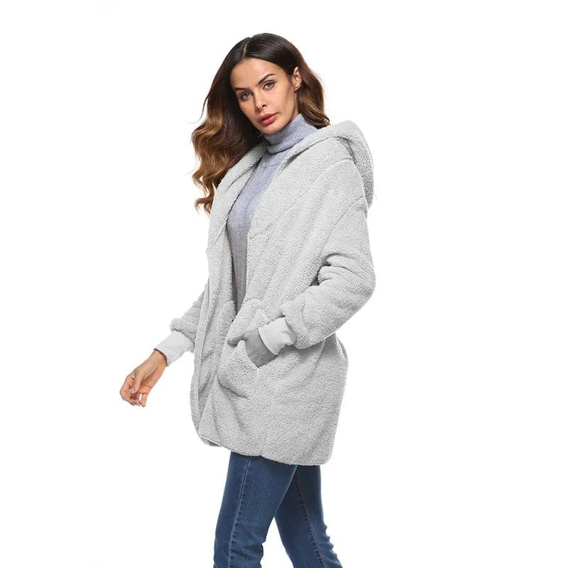 New Year Spring Faux Fur Teddy Bear Coat Jacket Women Fashion Open Stitch Hooded Coat Female Long Sleeve Fuzzy Jacket