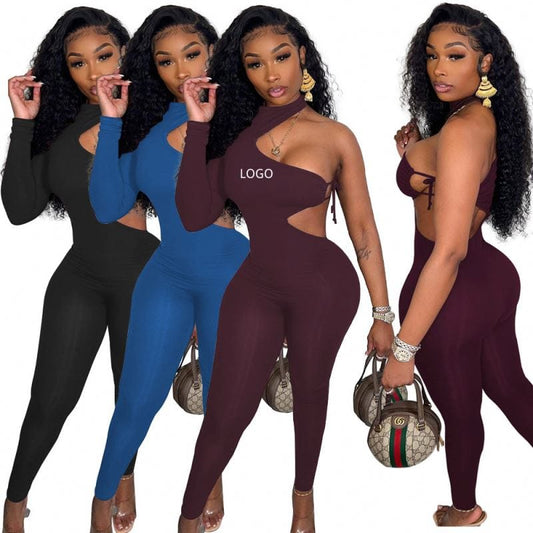 Newest Design Fashion Irregular Single Sleeve Sexy Lace Up Jumpsuit Solid Color Bodycon One Piece Jumpsuits For Women 2022