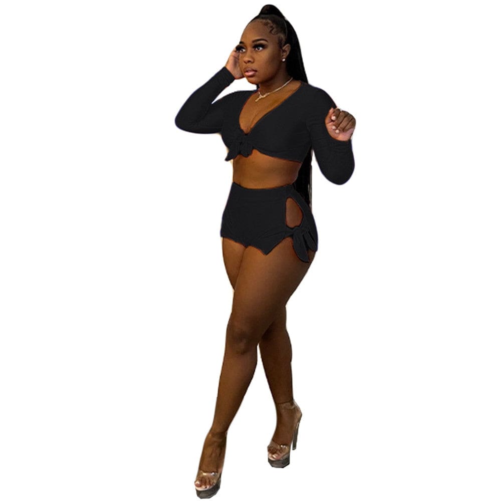 Newest Design Solid Color Long Sleeve Crop Top Hollow Out Shorts Summer Lace-Up Sexy 2 Piece Set Women