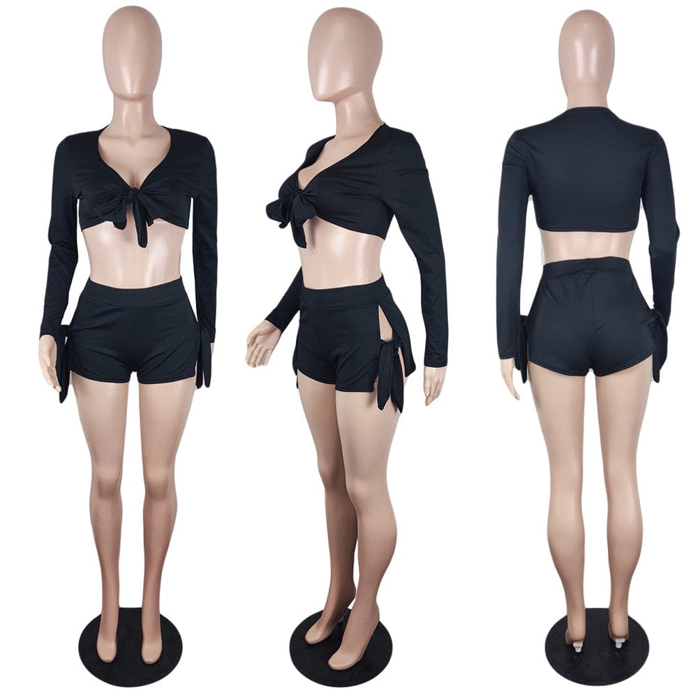 Newest Design Solid Color Long Sleeve Crop Top Hollow Out Shorts Summer Lace-Up Sexy 2 Piece Set Women