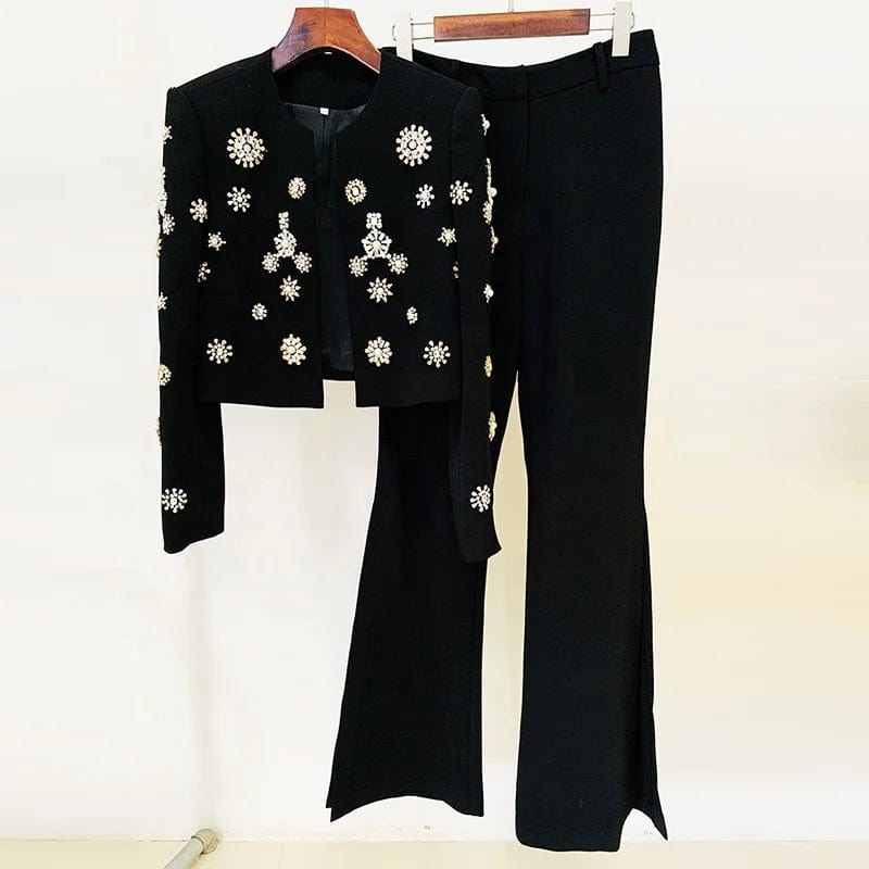 Newest Fashion 2023 Designer Suit Set Women's Pearls Diamonds Rhinestone Beaded Trimed Jacket Flare Slit Pants Suit
