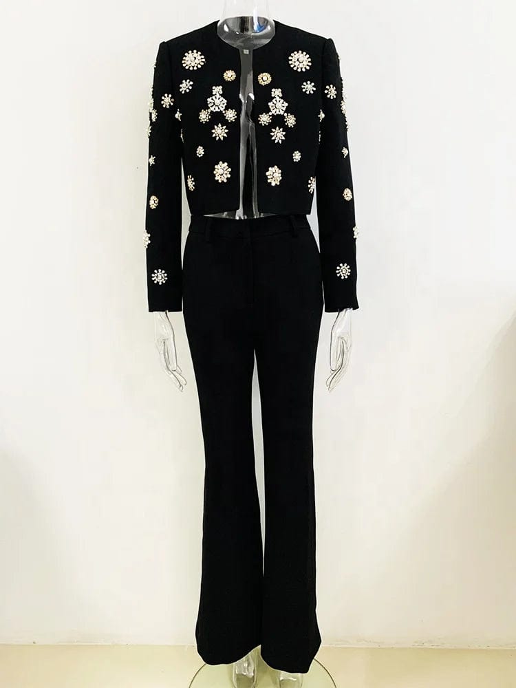 Newest Fashion 2023 Designer Suit Set Women's Pearls Diamonds Rhinestone Beaded Trimed Jacket Flare Slit Pants Suit