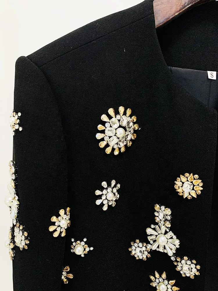 Newest Fashion 2023 Designer Suit Set Women's Pearls Diamonds Rhinestone Beaded Trimed Jacket Flare Slit Pants Suit