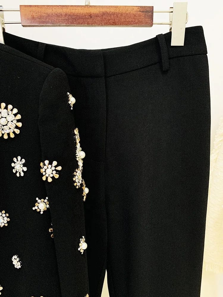 Newest Fashion 2023 Designer Suit Set Women's Pearls Diamonds Rhinestone Beaded Trimed Jacket Flare Slit Pants Suit