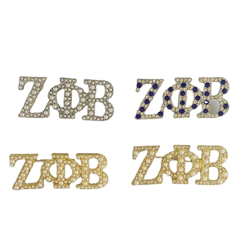 Newest Fraternity and Sorority ZOB Greek Symbol White and Blue  Diamond Pearl Letter Brooch Lapel Pin Party Graduation Gift