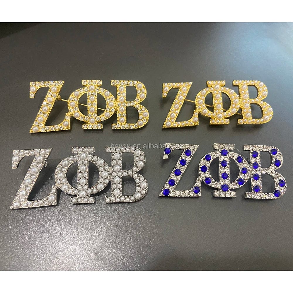 Newest Fraternity and Sorority ZOB Greek Symbol White and Blue  Diamond Pearl Letter Brooch Lapel Pin Party Graduation Gift