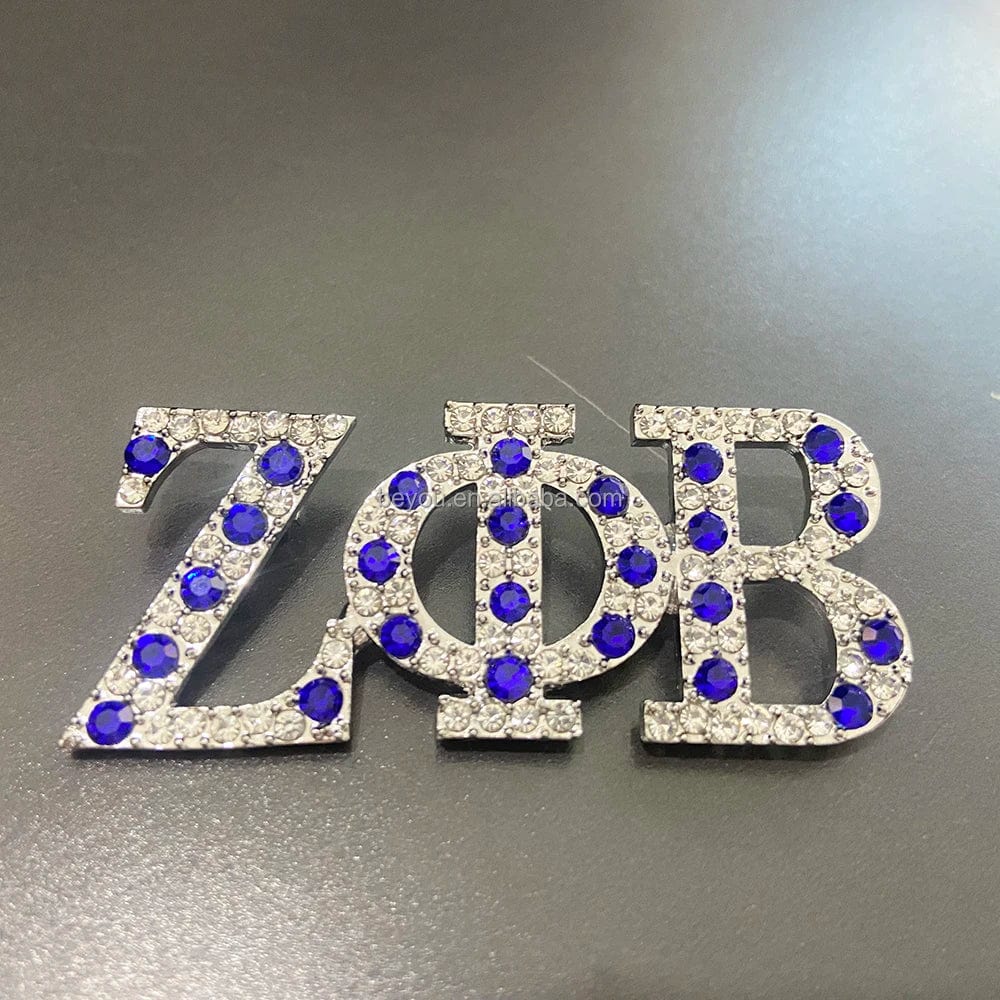 Newest Fraternity and Sorority ZOB Greek Symbol White and Blue  Diamond Pearl Letter Brooch Lapel Pin Party Graduation Gift