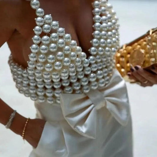 Newest luxury unique night club party sexy ladies bralette crop top fashion street sleeveless v neck pearl top women