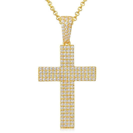 Newest Statement Fine Jewelry Gold Plated 925 Sterling Silver VVS Moissanite Cross Pendant Necklace