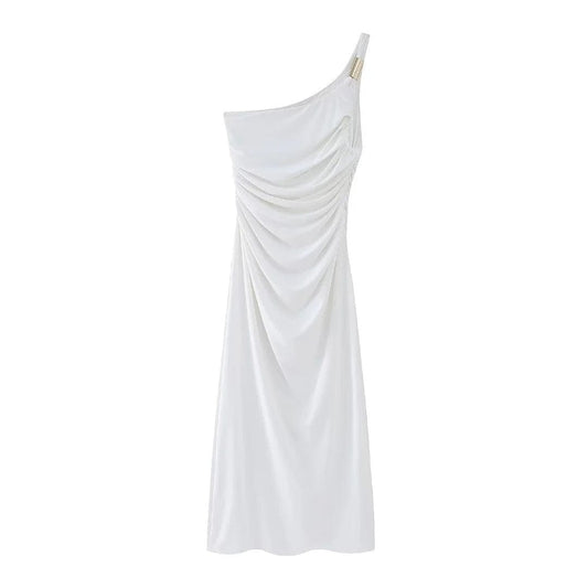 Newest summer ladies elegant party white pleated dress sleeveless one off shoulder simple long dresses women