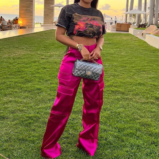 Newest trendy casual hot pink multi pocket cargo pants for ladies high waist loose baggy wide leg women's pants trousers