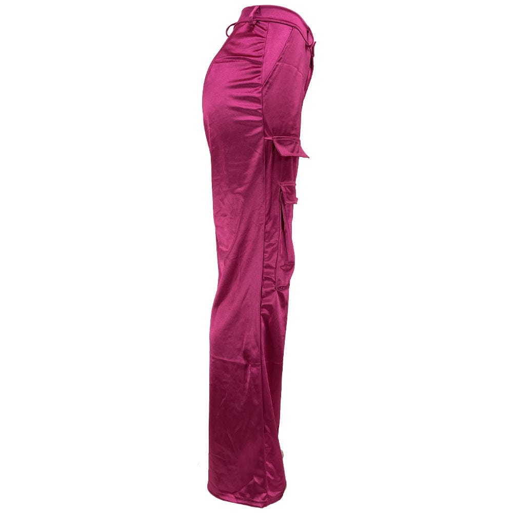 Newest trendy casual hot pink multi pocket cargo pants for ladies high waist loose baggy wide leg women's pants trousers