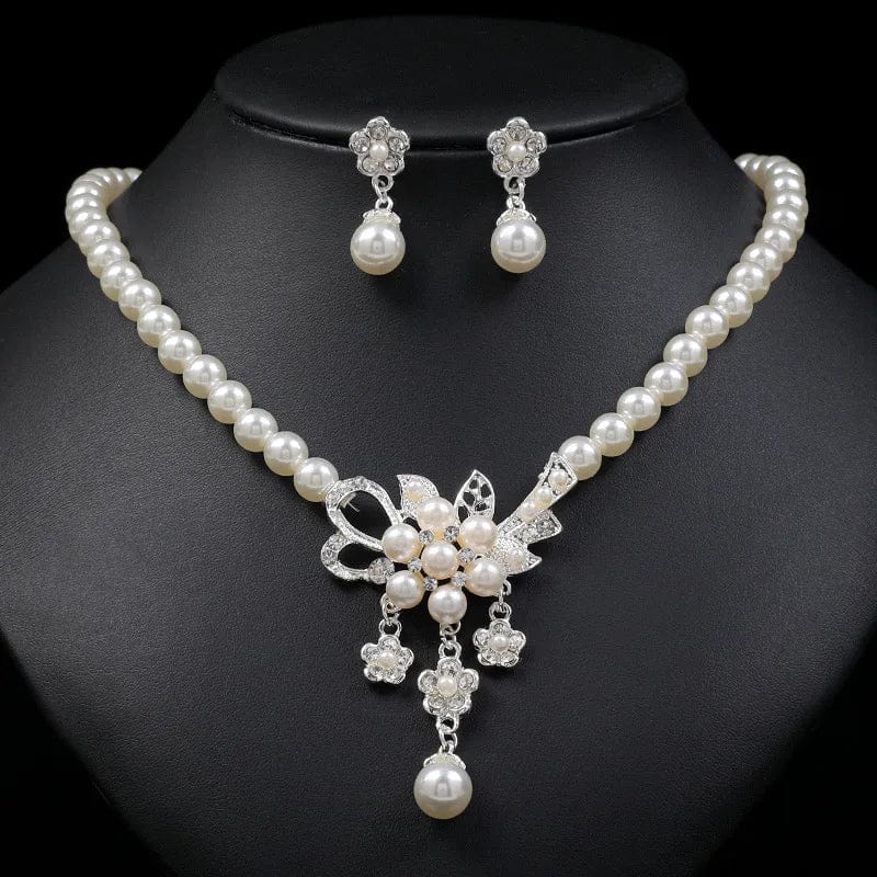 Newest Women Wedding Party Jewely Set Simple Elegant Luxury Crystal Simulated Pearl Necklace Earrings Jewelry Set Drop Shipping