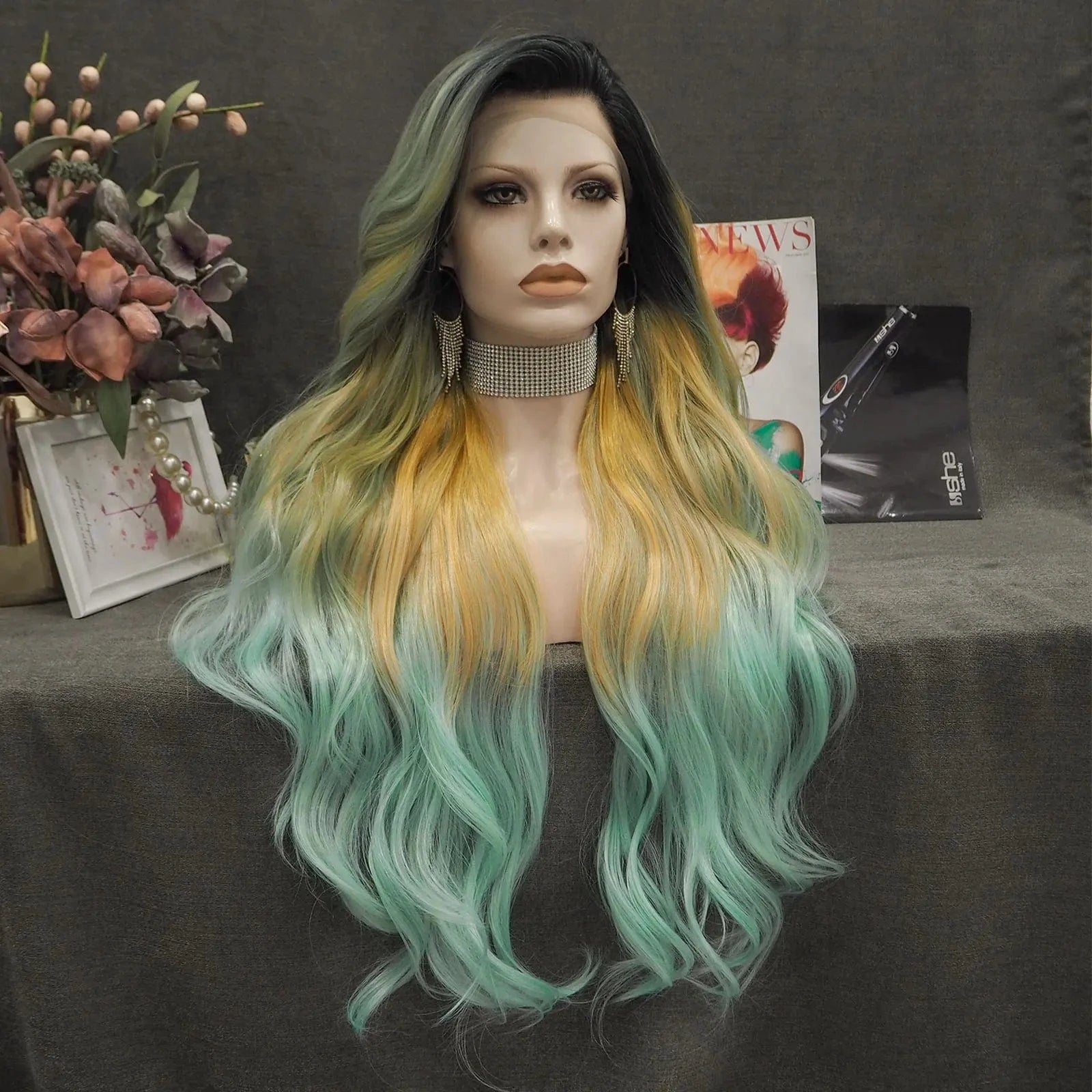 NH8-C200-GL Wholesale Heat Resistant Silky waves dark roots  Futura Matte Fiber Cosplay Luxury Synthetic Lace Front Wig For Women Grag Wigs