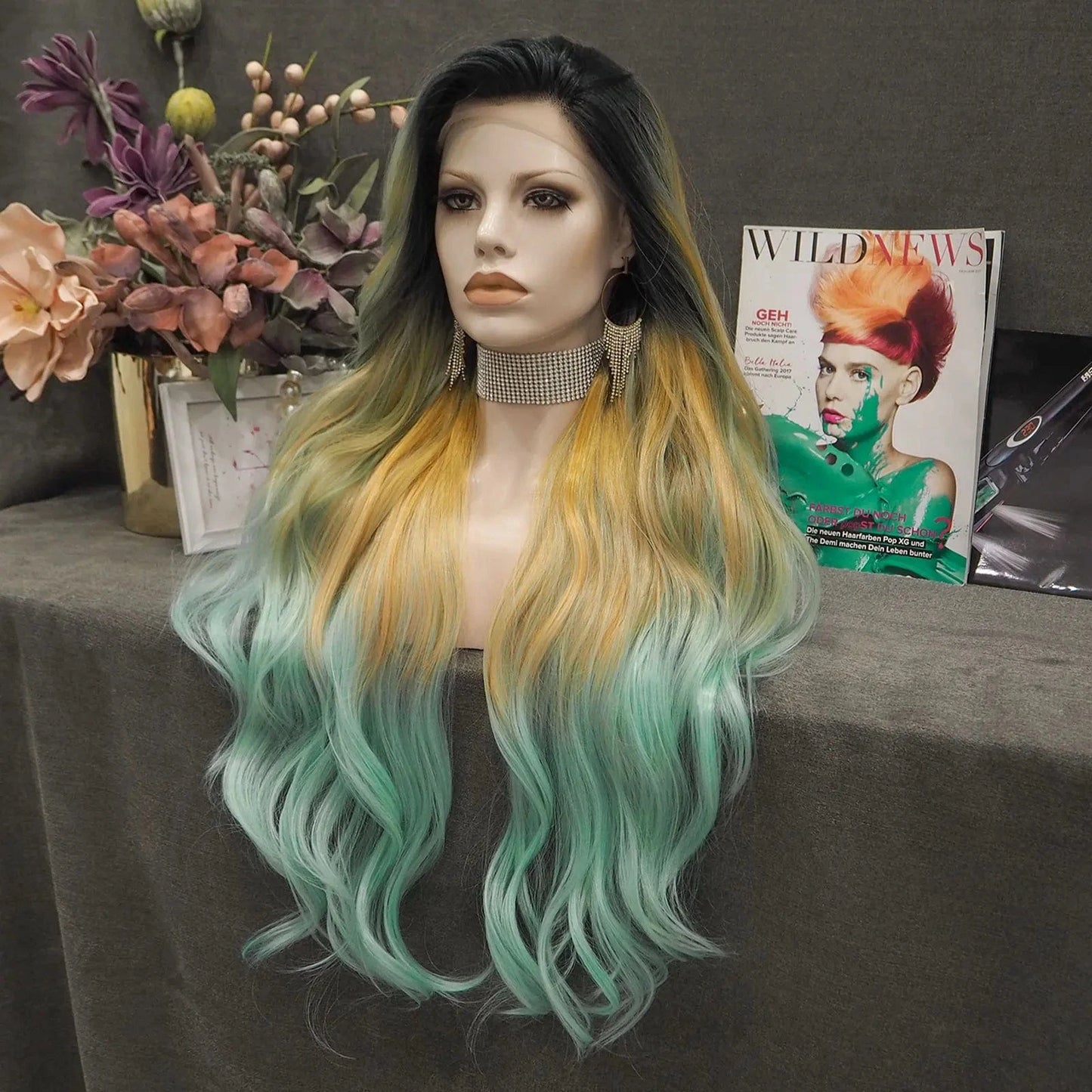 NH8-C200-GL Wholesale Heat Resistant Silky waves dark roots  Futura Matte Fiber Cosplay Luxury Synthetic Lace Front Wig For Women Grag Wigs