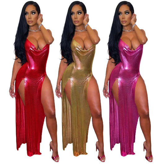 Nightclub Solid Color Spaghetti Strap Halter Backless High Split Sexy Party Club Dress